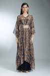 Samyukta Singhania_Brown Chiffon Embellished Bead V-neck Animal Print Kaftan _Online_at_Aza_Fashions