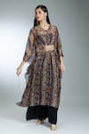 Buy_Samyukta Singhania_Brown Chiffon Embellished Bead V-neck Animal Print Kaftan _Online_at_Aza_Fashions