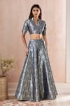 Buy_Samyukta Singhania_Blue Brocade Woven Floral Collar Kalidar Lehenga With Blouse _at_Aza_Fashions