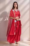 Buy_Samyukta Singhania_Red Blouse Raw Silk Embroidered Thread Cape Open Asymmetric Pleated Skirt Set _at_Aza_Fashions