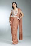 Buy_Samyukta Singhania_Brown Pre-draped Saree Raw Silk Embroidered Zardozi V-neck Solid With Blouse 