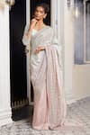 Masumi Mewawalla x AZA_Green Tissue Embroidered Floral Broad V Neck Pre-draped Saree With Blouse 