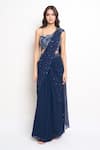 Samyukta Singhania_Blue Georgette Embroidered Bead Scattered Pre-draped Saree With Blouse _Online_at_Aza_Fashions