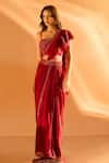 Samyukta Singhania_Maroon Imported Satin Embroidered Ruffle Detailed Pre-draped Saree With Blouse _Online_at_Aza_Fashions