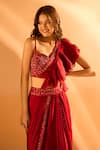 Samyukta Singhania_Maroon Imported Satin Embroidered Ruffle Detailed Pre-draped Saree With Blouse _at_Aza_Fashions