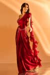 Shop_Samyukta Singhania_Maroon Imported Satin Embroidered Ruffle Detailed Pre-draped Saree With Blouse 