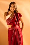 Samyukta Singhania_Maroon Imported Satin Embroidered Ruffle Detailed Pre-draped Saree With Blouse _Online