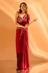 Shop_Samyukta Singhania_Maroon Imported Satin Embroidered Ruffle Detailed Pre-draped Saree With Blouse _Online