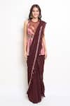 Samyukta Singhania_Wine Georgette Embroidered Ruffle Hem Pre-draped Saree With Peplum Blouse _Online_at_Aza_Fashions