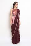 Shop_Samyukta Singhania_Wine Georgette Embroidered Ruffle Hem Pre-draped Saree With Peplum Blouse _Online_at_Aza_Fashions