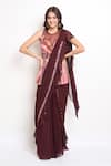 Buy_Samyukta Singhania_Wine Georgette Embroidered Ruffle Hem Pre-draped Saree With Peplum Blouse 