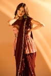 Shop_Samyukta Singhania_Wine Georgette Embroidered Ruffle Hem Pre-draped Saree With Peplum Blouse _Online