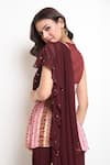 Samyukta Singhania_Wine Georgette Embroidered Ruffle Hem Pre-draped Saree With Peplum Blouse 