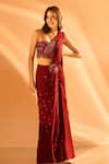 Shop_Samyukta Singhania_Wine Crepe Embroidered Bead Scattered Sequin Pre-draped Saree With Blouse _at_Aza_Fashions