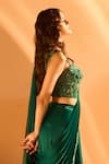 Shop_Samyukta Singhania_Green Blouse Net Embroidered Bead Sweetheart Hem Pre-draped Saree With Neck 