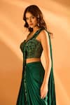 Samyukta Singhania_Green Blouse Net Embroidered Bead Sweetheart Hem Pre-draped Saree With Neck 