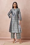 Buy_Samyukta Singhania_Blue Brocade Woven Floral Round A-line Kurta With Straight Pant _at_Aza_Fashions