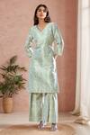 Buy_Samyukta Singhania_Green Brocade Embroidery V-neck Floral Straight Kurta With Pleated Pant _at_Aza_Fashions