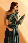 Samyukta Singhania_Blue Imported Satin Embroidered Bead Asymmetric Pre-draped Saree With Blouse _Online_at_Aza_Fashions