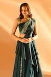 Samyukta Singhania_Blue Imported Satin Embroidered Bead Asymmetric Pre-draped Saree With Blouse _at_Aza_Fashions