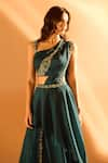 Samyukta Singhania_Blue Imported Satin Embroidered Bead Asymmetric Pre-draped Saree With Blouse _Online