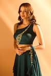 Samyukta Singhania_Blue Imported Satin Embroidered Bead Asymmetric Pre-draped Saree With Blouse 