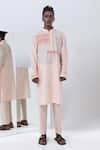 Kaha_Peach Cotton Silk Embroidery Houndstooth Applique Kurta With Pant _Online_at_Aza_Fashions