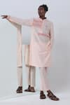 Kaha_Peach Cotton Silk Embroidery Houndstooth Applique Kurta With Pant _at_Aza_Fashions