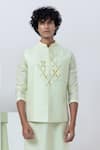 Kaha_Green Cotton Silk Embroidery Geometric Applique Nehru Jacket And Pant Set _Online_at_Aza_Fashions