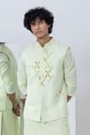 Kaha_Green Cotton Silk Embroidery Geometric Applique Nehru Jacket And Pant Set _at_Aza_Fashions