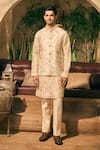 Buy_TAJIRI_Beige Bundi And Kurta 100% Handwoven Linen Floral Hastkala & Set _at_Aza_Fashions