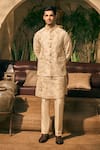 TAJIRI_Beige Bundi And Kurta 100% Handwoven Linen Floral Hastkala & Set _Online_at_Aza_Fashions