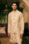 Shop_TAJIRI_Beige Bundi And Kurta 100% Handwoven Linen Floral Hastkala & Set _Online_at_Aza_Fashions