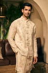 TAJIRI_Beige Bundi And Kurta 100% Handwoven Linen Floral Hastkala & Set _at_Aza_Fashions