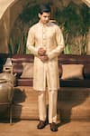 Buy_TAJIRI_Beige Kurta Tissue And Chanderi Embroidery Dastkar Zari Front Open With Pant _at_Aza_Fashions