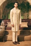 Buy_TAJIRI_Beige Kurta Tissue And Chanderi Embroidery Dastkar Zari Front Open With Pant _Online_at_Aza_Fashions