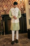 Buy_TAJIRI_Green 100% Raw Silk Embroidery Floral Itihaas Woven Bundi And Pant Set _Online_at_Aza_Fashions