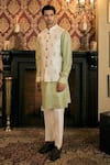 Shop_TAJIRI_Green 100% Raw Silk Embroidery Floral Itihaas Woven Bundi And Pant Set _Online_at_Aza_Fashions