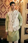 TAJIRI_Green 100% Raw Silk Embroidery Floral Itihaas Woven Bundi And Pant Set _at_Aza_Fashions