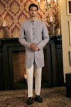 Buy_TAJIRI_Grey Sherwani Georgette Embroidery Sequins Solace With Pant _at_Aza_Fashions