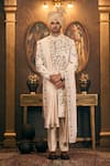 Shop_TAJIRI_Ivory Sherwani And Stole Silk Embroidery Floral Dabka & Pant Set _Online_at_Aza_Fashions