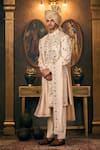 TAJIRI_Ivory Sherwani And Stole Silk Embroidery Floral Dabka & Pant Set _at_Aza_Fashions