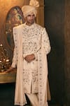 Shop_TAJIRI_Ivory Sherwani And Stole Silk Embroidery Floral Dabka & Pant Set 