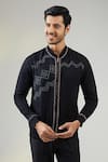 Buy_Vaani Beswal_Black Handwoven Linen Embroidered Kantha Zipper Jacket _at_Aza_Fashions