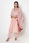 Buy_Kameez_Pink Chanderi Embroidery Gota Round Neck Fleur Bloom Kurta Pant Set _Online_at_Aza_Fashions