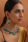 Shop_SWABHIMANN_Green Zirconia Geometric Emerald Drop Necklace Set _Online_at_Aza_Fashions