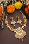 Shop_SWABHIMANN_Gold Plated Stone Carved Temple Motif Necklace Set _at_Aza_Fashions