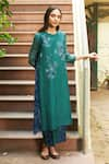 Buy_Vaayu_Blue Muslin Cotton Embroidered Floral Applique Round Work Kurta And Pant Set _at_Aza_Fashions