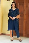 Buy_Vaayu_Blue Muslin Cotton Embroidered Linear V Neck Kurta And Pant Set _at_Aza_Fashions