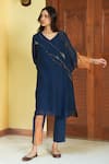 Buy_Vaayu_Blue Muslin Cotton Embroidered Linear V Neck Kurta And Pant Set _Online_at_Aza_Fashions